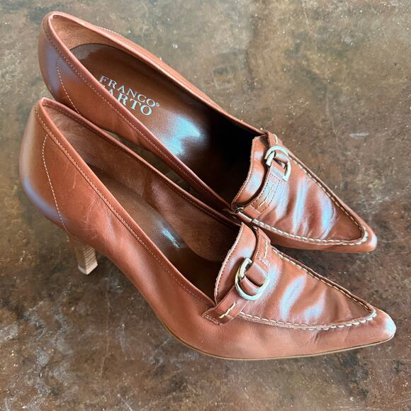 Franco Sarto Heels Leather Loafer Pumps Pointed Toe Buckle Cognac Tan Womens 10 - Picture 4 of 9